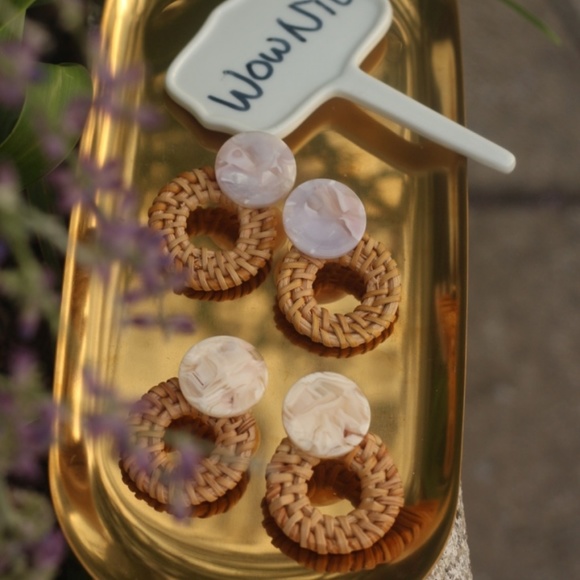 New Handmade Earrings Marble Wood Rattan Ivory - Picture 9 of 9